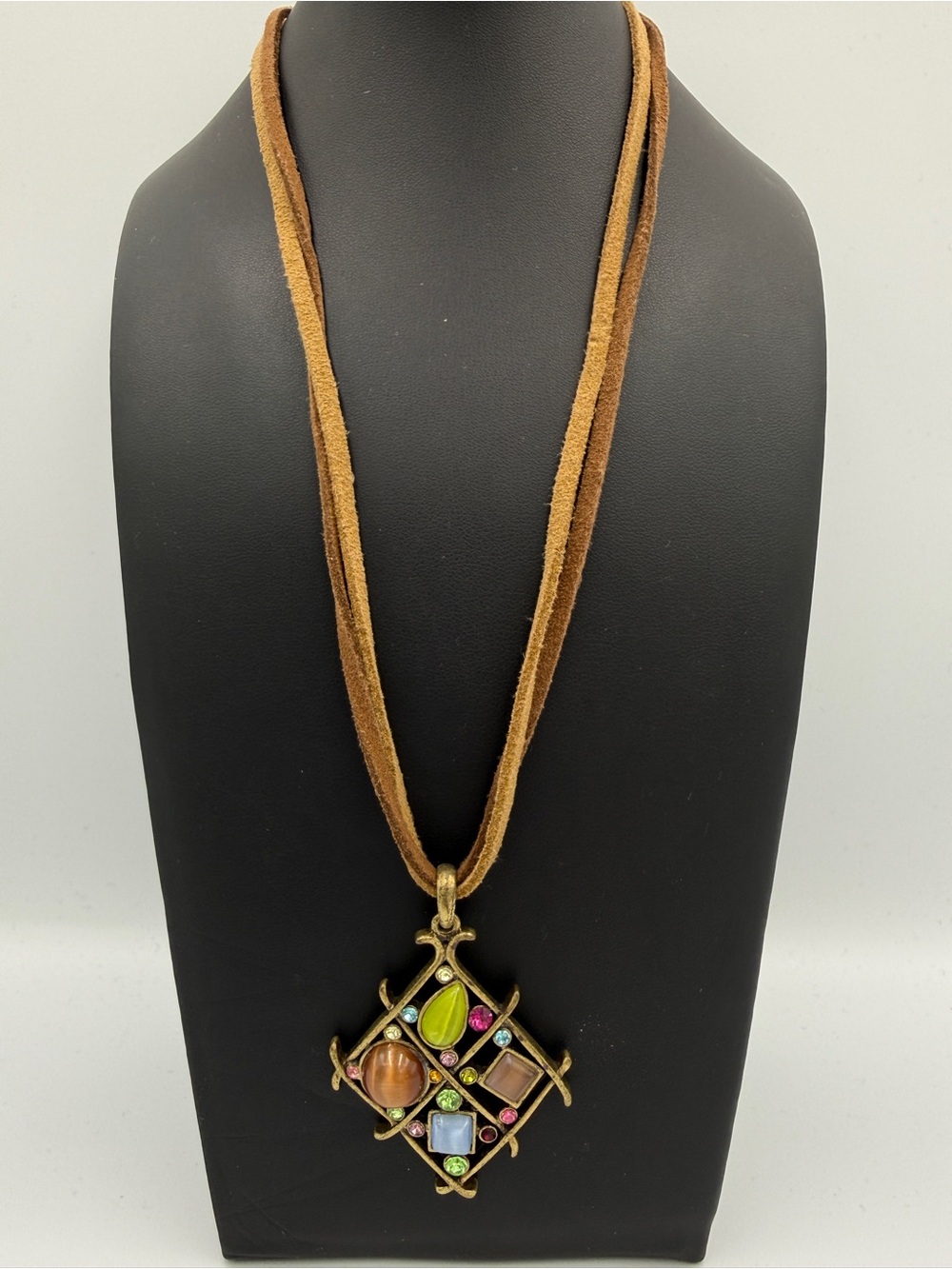 Lia Sophia Multi-Stone Brass-Tone Pendant Necklace with Brown Suede Cord